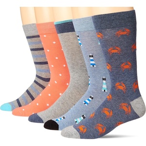 Amazon Essentials Men’s Comfortable Patterned Dress Crew Socks, 5 Pairs(Blue/Grey/Navy Crab/Orange Dots/Stripe)
