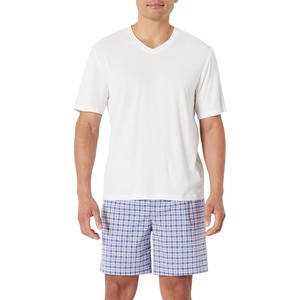 Amazon Essentials Men’s Cotton Poplin Pajama Short with T-Shirt Set, Breathable Loungewear, Summer Sleepwear(Check/Ivory)