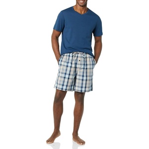 Amazon Essentials Men’s Cotton Poplin Pajama Short with T-Shirt Set, Breathable Loungewear, Summer Sleepwear(Indigo/Navy Plaid)