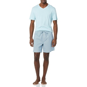 Amazon Essentials Men’s Cotton Poplin Pajama Short with T-Shirt Set, Breathable Loungewear, Summer Sleepwear(Light Blue Geo Print)