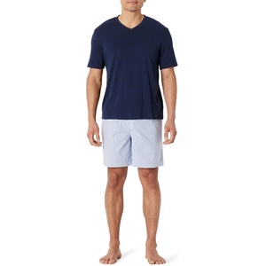 Amazon Essentials Men’s Cotton Poplin Pajama Short with T-Shirt Set, Breathable Loungewear, Summer Sleepwear(Navy/Thin Stripe)