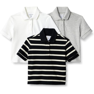 Amazon Essentials Toddlers and Baby Girls’ Cotton Spandex Polo Shirt, Breathable Stretch Pique Knit, Pack of 3(Light Grey Heather/White/Stripe)