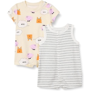 Amazon Essentials Unisex Babies’ Cotton Jersey Sleeveless and Short-Sleeve Romper Set, Pack of 2(Beige Dogs/Heather Stripe)