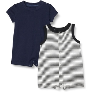 Amazon Essentials Unisex Babies’ Cotton Jersey Sleeveless and Short-Sleeve Romper Set, Pack of 2(Blue/Stripe)