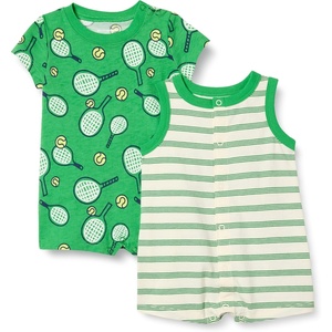 Amazon Essentials Unisex Babies’ Cotton Jersey Sleeveless and Short-Sleeve Romper Set, Pack of 2(Sporty/Stripe)