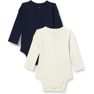 Amazon Essentials Unisex Babies’ Long-Sleeve Cotton Ribbed Henley Bodysuits(Oatmeal Heather/Navy)