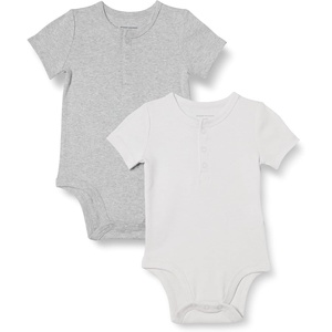 Amazon Essentials Unisex Babies’ Short Sleeve Henley Bodysuit, Pack of 2(Ivory/Light Grey Heather)