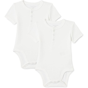 Amazon Essentials Unisex Babies’ Short Sleeve Henley Bodysuit, Pack of 2(White)