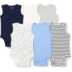 Amazon Essentials Unisex Babies’ Sleeveless Cotton Rib Bodysuits, Pack of 6(Blue/Dogs)