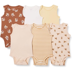 Amazon Essentials Unisex Babies’ Sleeveless Cotton Rib Bodysuits, Pack of 6(Multicolor/Tigers)