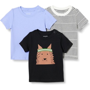 Amazon Essentials Unisex Toddlers and Babies’ Short Sleeve T-Shirts(Blue/Dog/French Stripe)