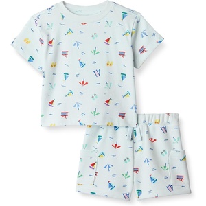 Amazon Essentials x Sofia Grainge Babies, Toddlers, and Boys’ T-Shirt and Short Play Set, Multipacks(Pale Blue Beach)
