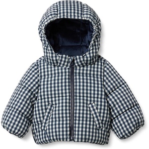 Amazon Essentials x Sofia Grainge Babies, Toddlers and Boys’ Water-Resistant Hooded Puffer Jacket(Navy Ivory Gingham)