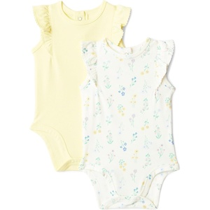 Amazon Essentials x Sofia Grainge Baby Girls’ Cotton Ruffle Sleeve Bodysuit with Embroidered Detail, Pack of 2(Light Yellow/Bouquets)