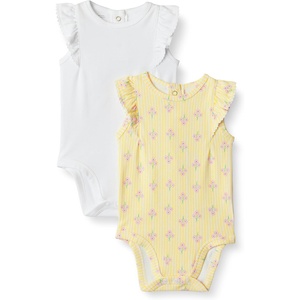 Amazon Essentials x Sofia Grainge Baby Girls’ Cotton Ruffle Sleeve Bodysuit with Embroidered Detail, Pack of 2(White/Stripe Floral)