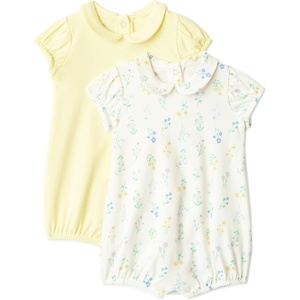 Amazon Essentials x Sofia Grainge Baby Girls’ Cotton Short Sleeve Romper with Peter Pan Collar(Light Yellow/Bouquets)