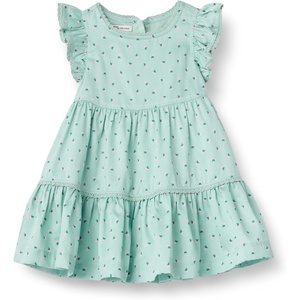 Amazon Essentials x Sofia Grainge Baby Girls’ Tiered Flounce Dress, Soft Cotton Sateen, Ruffle Sleeves with Lace Trim(Mint Little Strawberries)