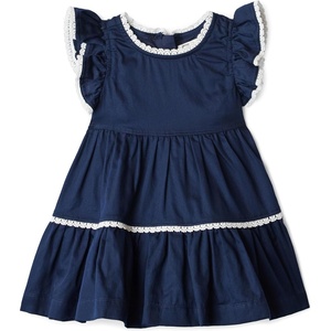 Amazon Essentials x Sofia Grainge Baby Girls’ Tiered Flounce Dress, Soft Cotton Sateen, Ruffle Sleeves with Lace Trim(Navy)