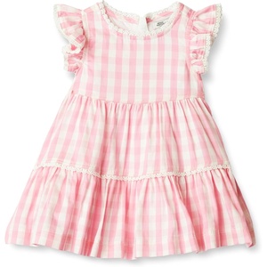 Amazon Essentials x Sofia Grainge Baby Girls’ Tiered Flounce Dress, Soft Cotton Sateen, Ruffle Sleeves with Lace Trim(Pink Big Gingham)