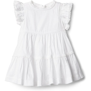 Amazon Essentials x Sofia Grainge Baby Girls’ Tiered Flounce Dress, Soft Cotton Sateen, Ruffle Sleeves with Lace Trim(White)