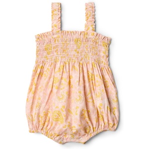 Amazon Essentials x Sofia Grainge Baby Girls’ Woven Sleeveless Ruffle Romper(Shell Pink Ornate Paisley)