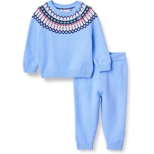 Amazon Essentials x Sofia Grainge Toddler and Baby Boys’ Cotton-Nylon Knit Sweater Set with Crew Neckline(Cornflower Blue Fair Isle Geo)