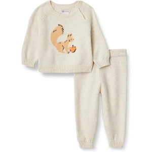 Amazon Essentials x Sofia Grainge Toddler and Baby Boys’ Cotton-Nylon Knit Sweater Set with Crew Neckline(Oatmeal Heather Squirrel)