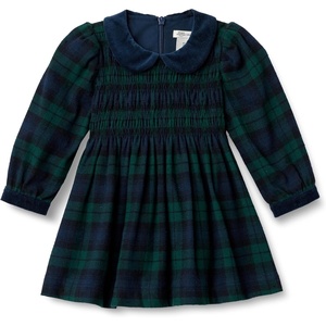 Amazon Essentials x Sofia Grainge Toddler and Baby Girls’ Long Sleeve Flannel Dress with Velvet Collar, Fit and Flare(Dark Emerald Green Deep Blue Plaid)