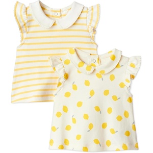 Amazon Essentials x Sofia Grainge Toddlers and Baby Girls’ Cotton Short Sleeve Blouses with Ruffles, Pack of 2(Lemon/Uneven Stripe)