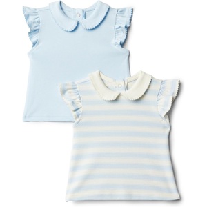 Amazon Essentials x Sofia Grainge Toddlers and Baby Girls’ Cotton Short Sleeve Blouses with Ruffles, Pack of 2(Light Blue/Stripe)