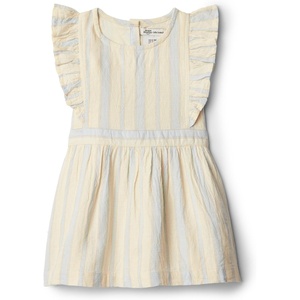 Amazon Essentials x Sofia Grainge Toddlers and Baby Girls’ Fit and Flare Linen Dress with Ruffle Flounce Sleeves(Ivory Bar Stripe)