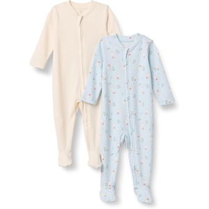 Amazon Essentials x Sofia Grainge Unisex Babies’ Cotton Footed Sleep and Play One-piece Bodysuit, Pack of 2(Ivory/Geese)