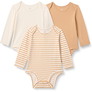Amazon Essentials x Sofia Grainge Unisex Babies’ Long Sleeve Crew Neck Bodysuit, Pack of 3(Ivory/Light Camel/Stripe)
