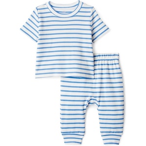 Amazon Essentials x Sofia Grainge Unisex Toddlers and Babies’ Cotton Knit Short Sleeve Shirt & Pants Set(Blue Ivory Uneven Stripe)