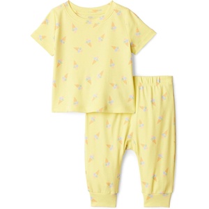 Amazon Essentials x Sofia Grainge Unisex Toddlers and Babies’ Cotton Knit Short Sleeve Shirt & Pants Set(Light Yellow Ice Cream)