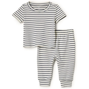 Amazon Essentials x Sofia Grainge Unisex Toddlers and Babies’ Cotton Knit Short Sleeve Shirt & Pants Set(Navy Tapered Stripe)