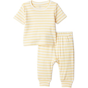 Amazon Essentials x Sofia Grainge Unisex Toddlers and Babies’ Cotton Knit Short Sleeve Shirt & Pants Set(Warm Yellow Ivory Uneven Stripe)