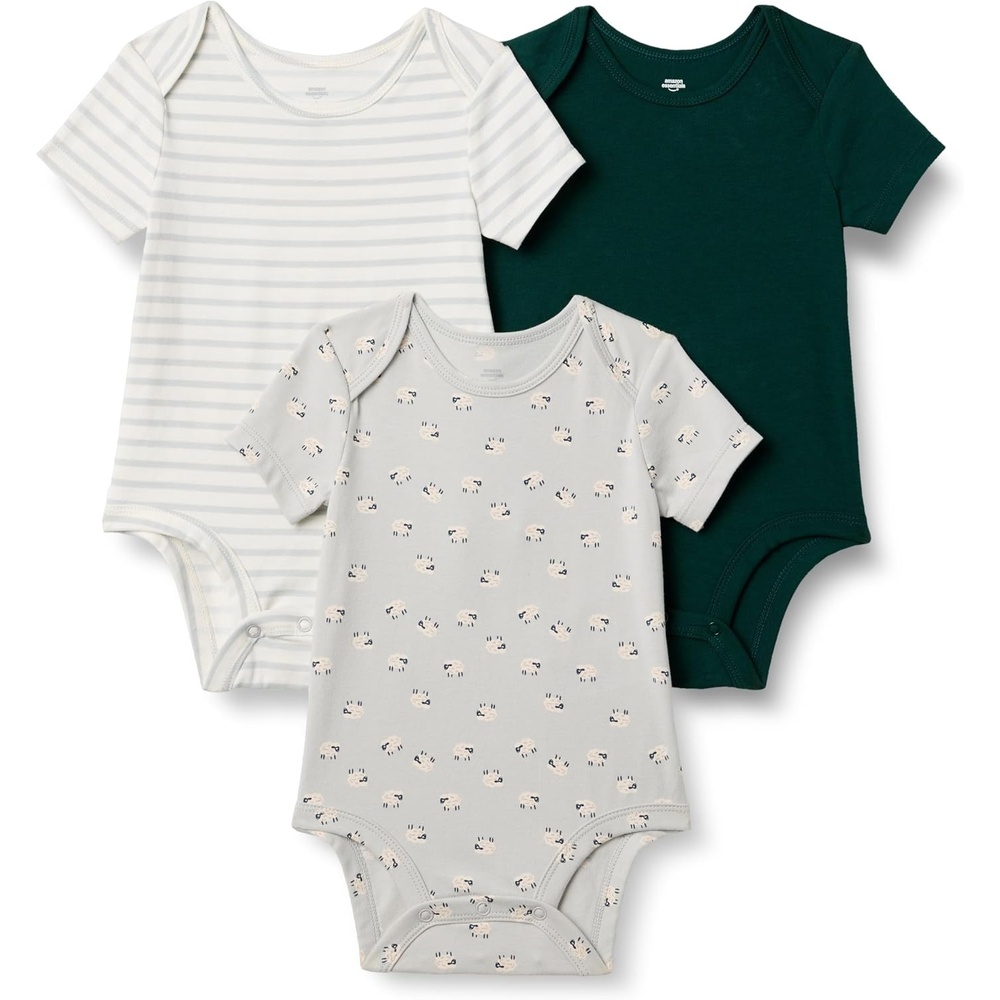 image:imageAmazon Essentials x Sofia Grainge Unisex Babies Short Sleeve Crewneck Bodysuit Pack of 3Dark GreenSheepStripe