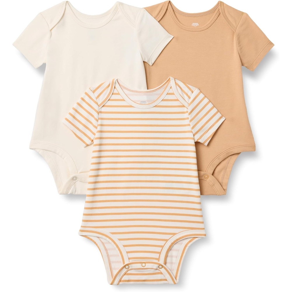 image:imageAmazon Essentials x Sofia Grainge Unisex Babies Short Sleeve Crewneck Bodysuit Pack of 3IvoryLight CamelStripe