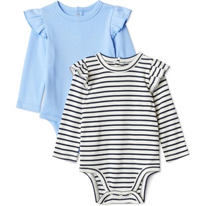 Amazon Essentials Baby Girls’ Long-Sleeved Ruffle Bodysuits, Pack of 2(Cornflower Blue/French Stripe)