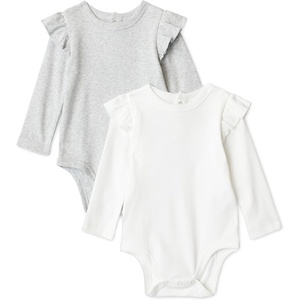 Amazon Essentials Baby Girls’ Long-Sleeved Ruffle Bodysuits, Pack of 2(Light Heather Grey/White)