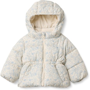 Amazon Essentials x Sofia Grainge Girls’ Water-Repellent Hooded Puffer Jacket(Ivory Dusty Blue Outlined Blooms)