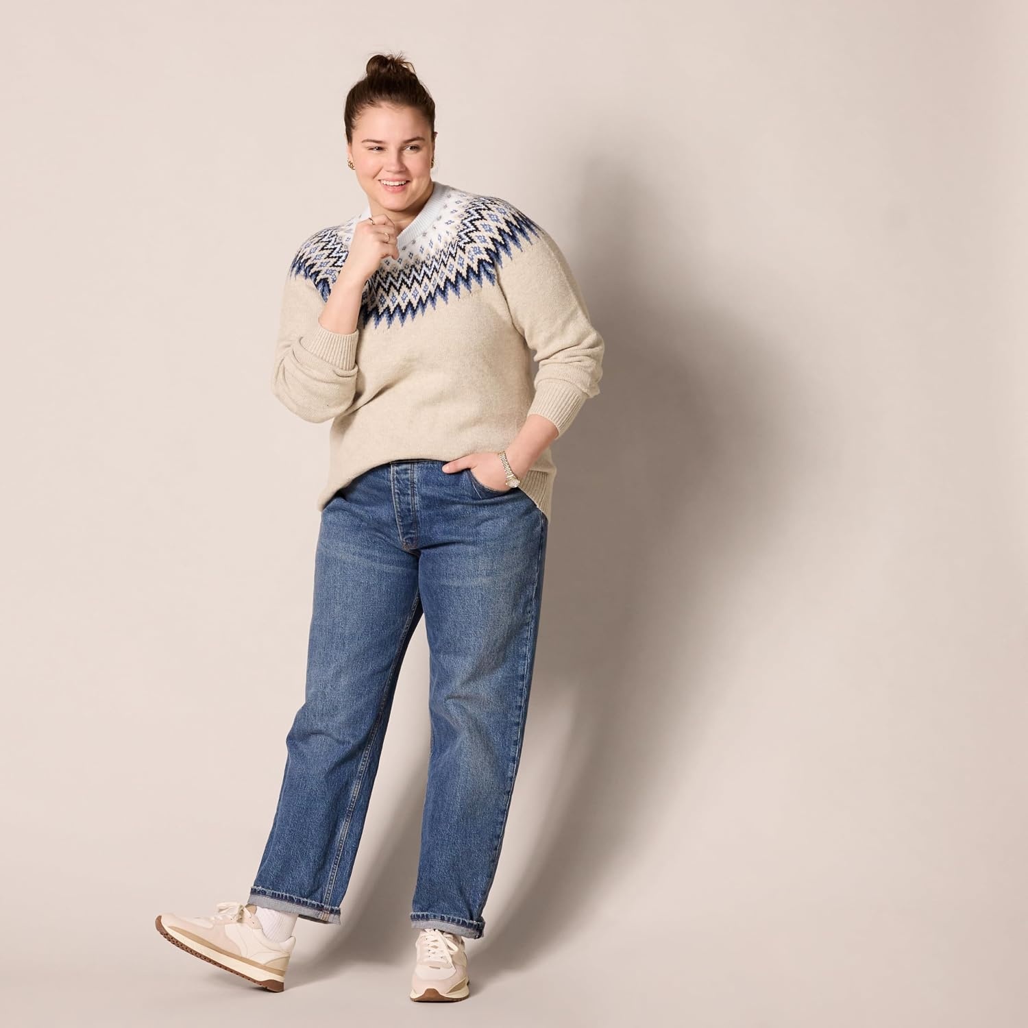 image:imageAmazon Essentials Crewneck Sweater for Women SoftTouchBlue Taupe Heather White Fair Isle