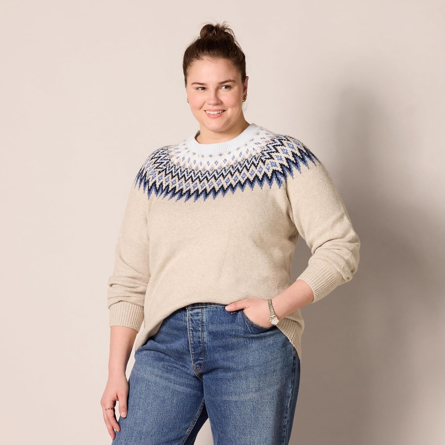 image:imageAmazon Essentials Crewneck Sweater for Women SoftTouchBlue Taupe Heather White Fair Isle