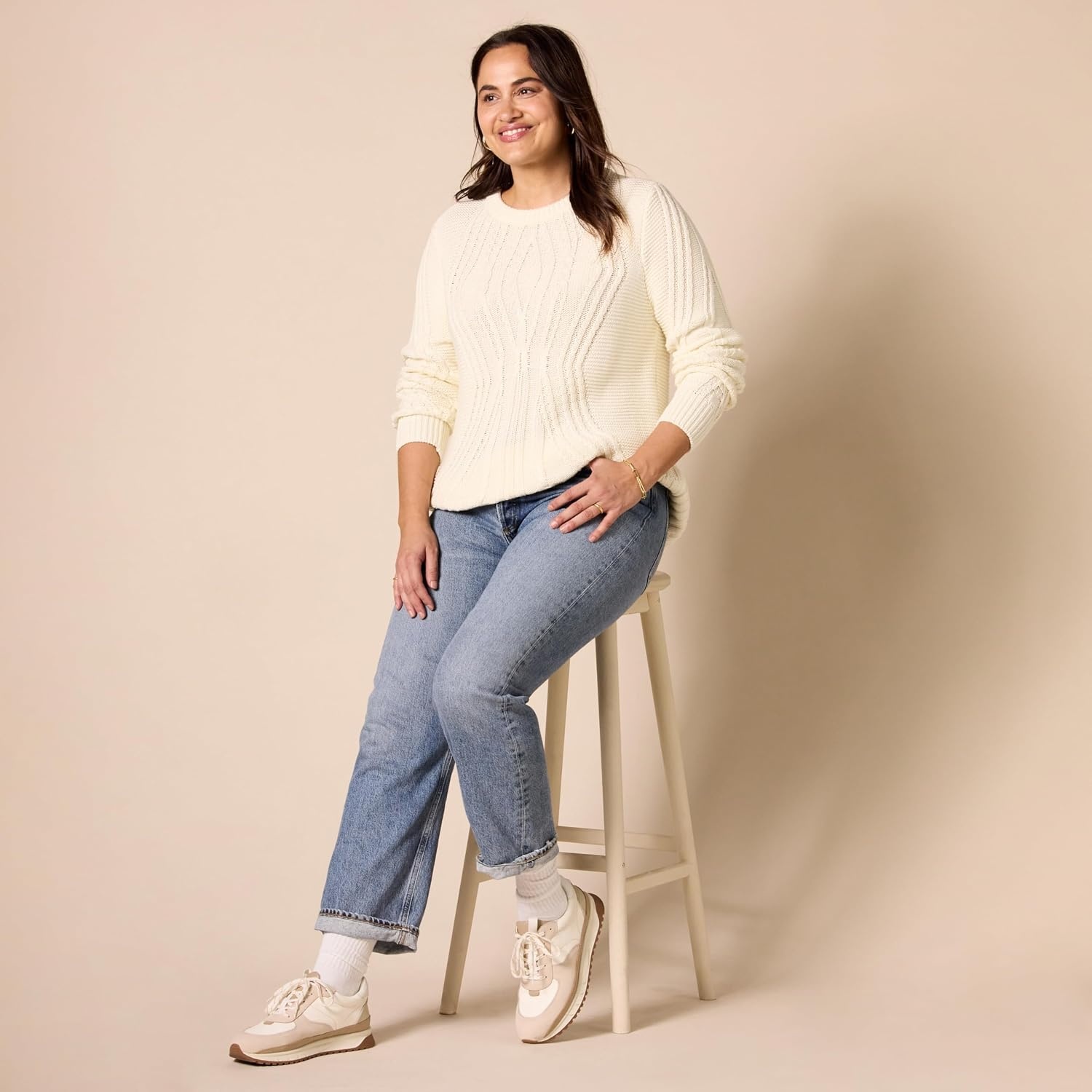 image:imageAmazon Essentials Womens 100 Cotton Crewneck Cable SweaterIvory