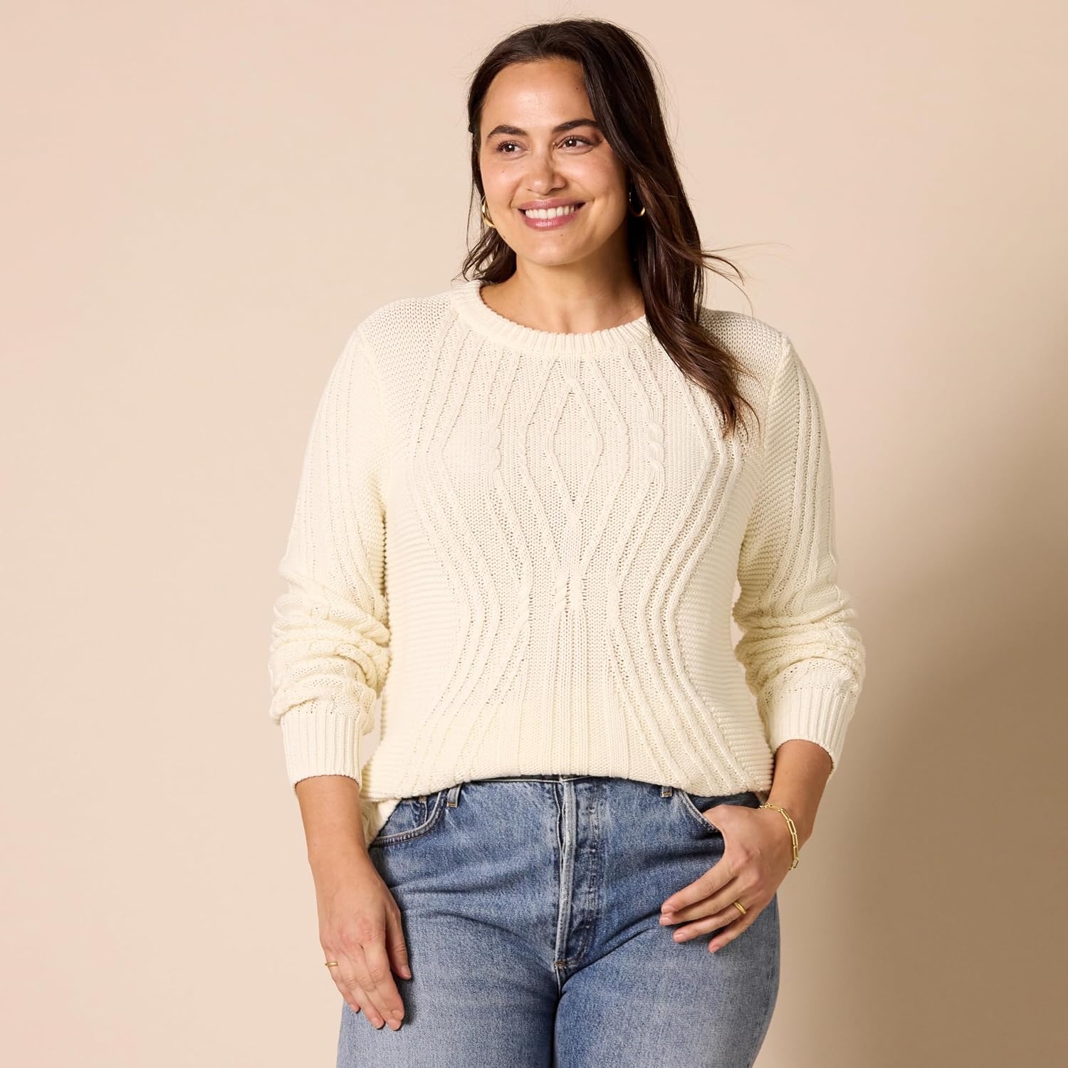 image:imageAmazon Essentials Womens 100 Cotton Crewneck Cable SweaterIvory