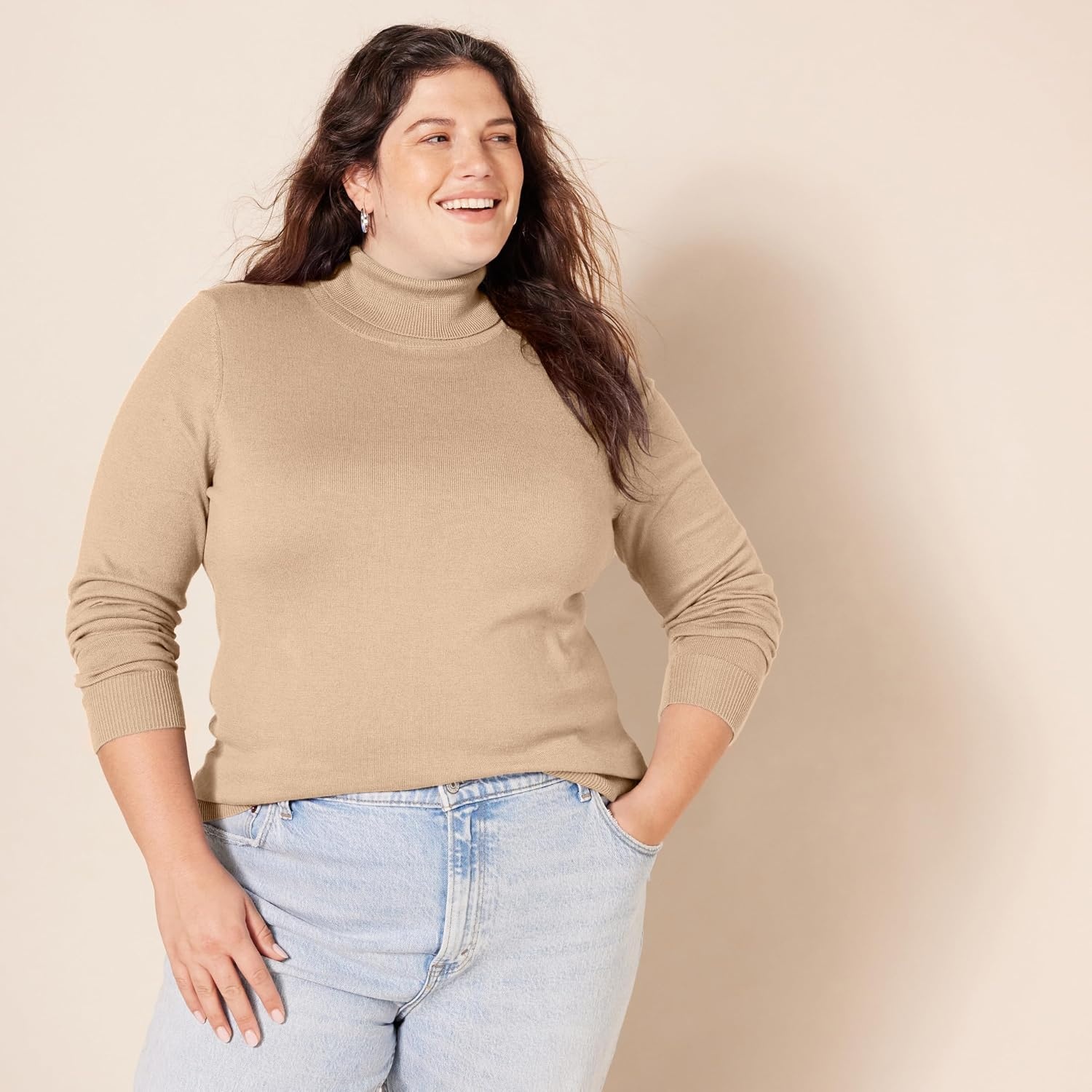 image:imageAmazon Essentials Womens ClassicFit Lightweight LongSleeve SweaterCamel Heather