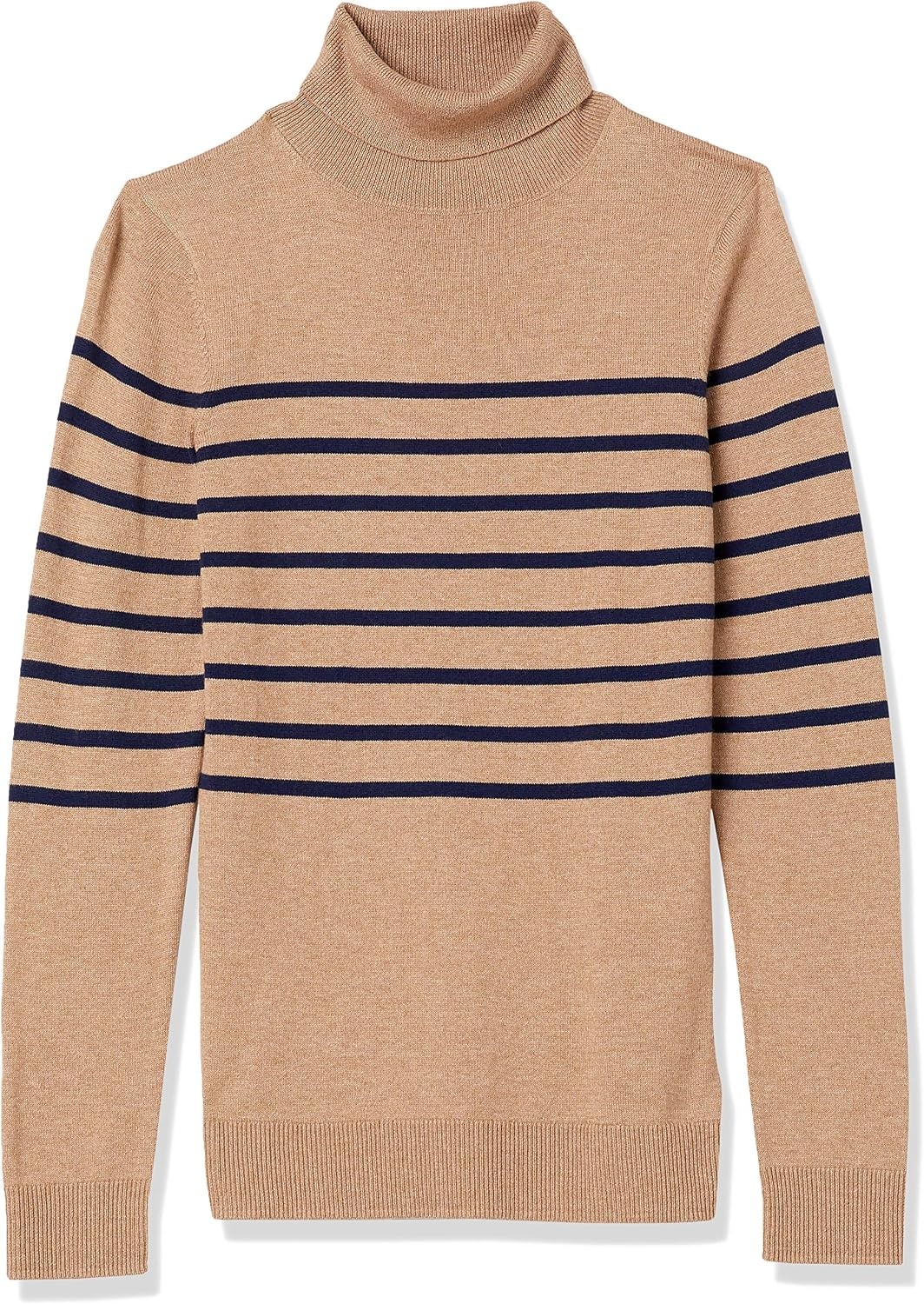 image:imageAmazon Essentials Womens ClassicFit Lightweight LongSleeve SweaterCamel HeatherNavy Placed Stripe