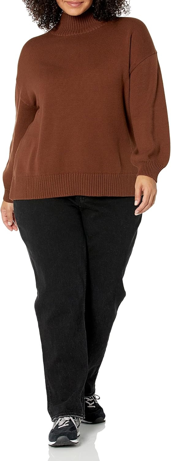 image:imageAmazon Essentials Womens Cotton Pullover Sweater FunnelNeck Available in Plus SizeDeep Brown