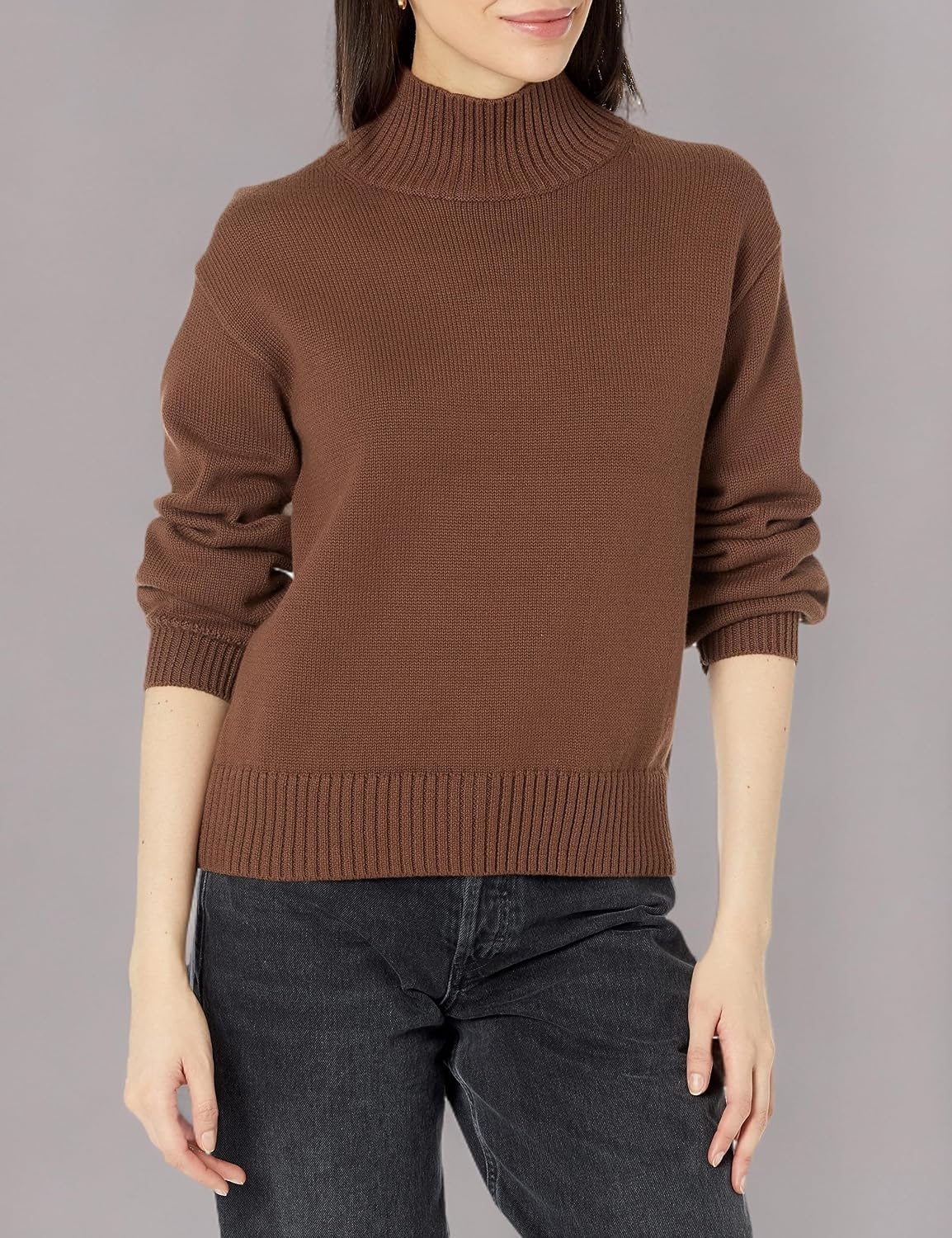 image:imageAmazon Essentials Womens Cotton Pullover Sweater FunnelNeck Available in Plus SizeDeep Brown